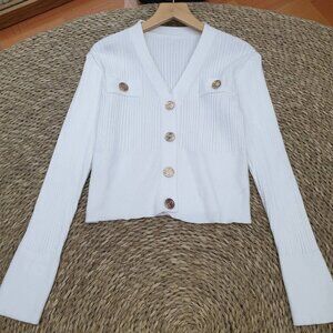White Ribbed Knit Cardigan Gold Button Crop Top